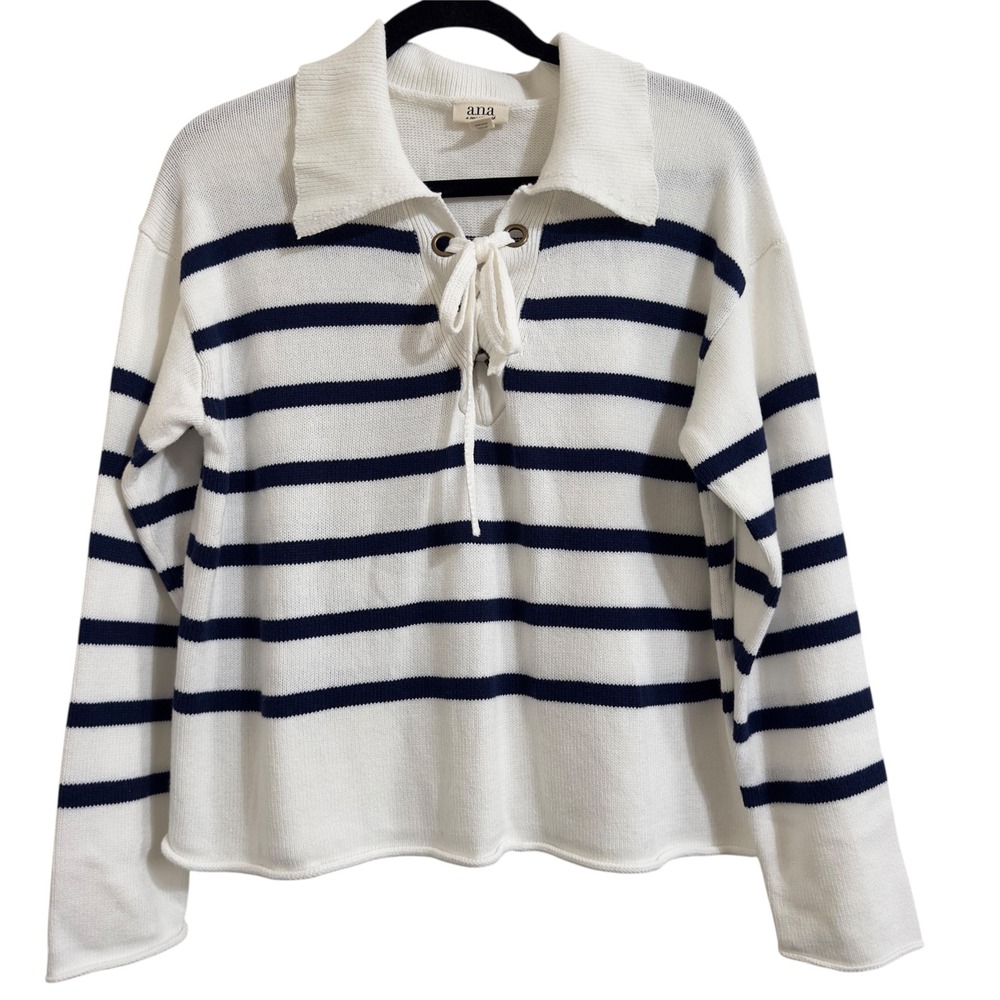 ANA A New Approach Women's Striped Lace Up Navy Collared Pullover Sweater Size M